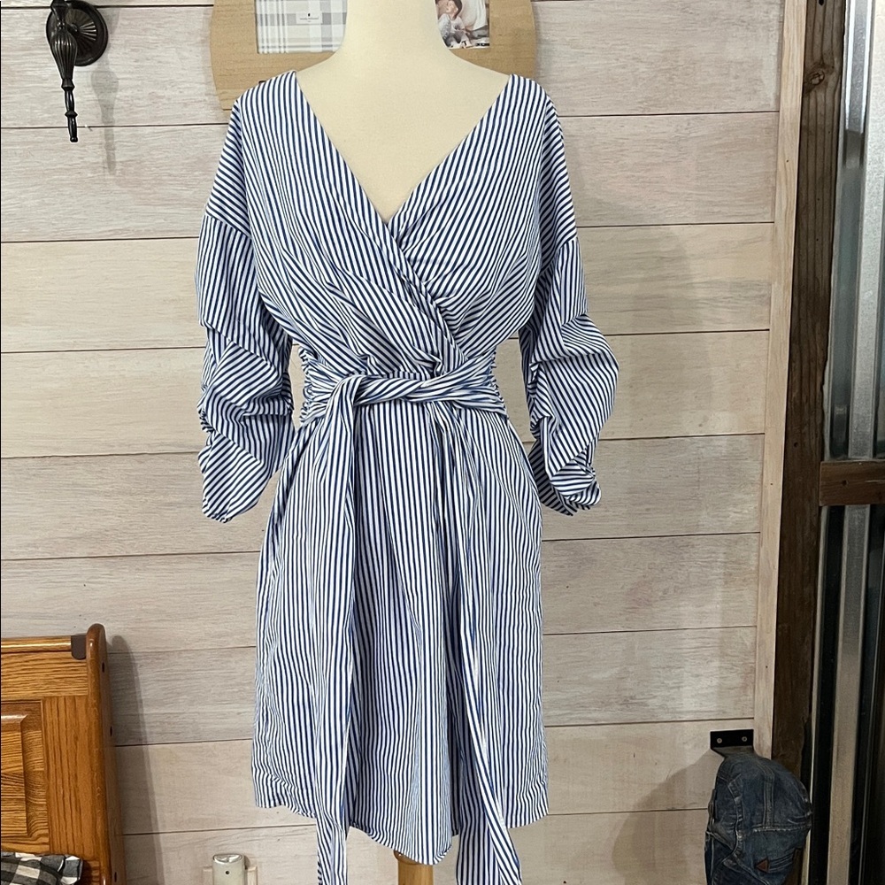 Adrianna Papell Blue and White Striped Long Sleeve Dress 8